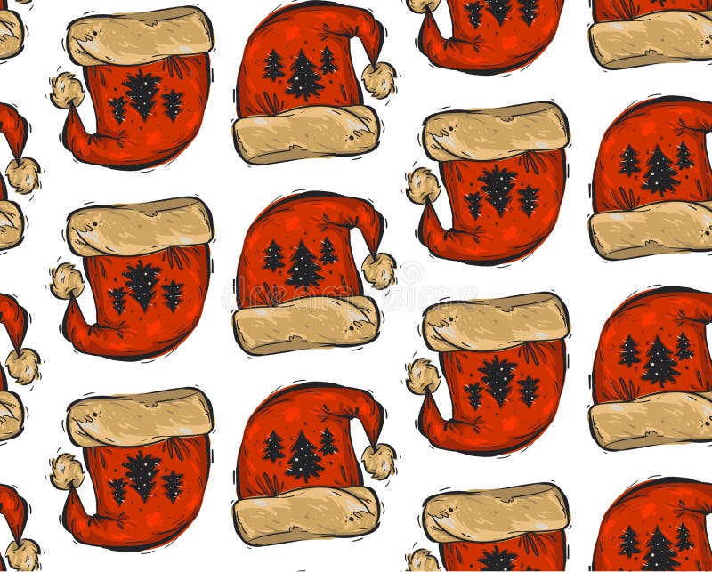 Entregue a Natal tirado do sumário do vetor o teste padrão sem emenda com os chapéus gráficos de Santa Claus e as árvores de Nata ilustração do vetor Entregue a Natal tirado do sumário do vetor o teste padrão sem emenda com os chapéus gráficos de Santa Claus e as árvores de Nata ilustração do vetor