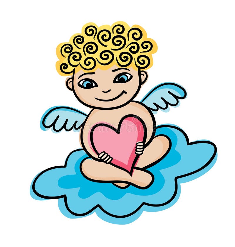 Entregue o anjo tirado com coração em uma nuvem Valentim ou cartão de casamento ilustração royalty free Entregue o anjo tirado com coração em uma nuvem Valentim ou cartão de casamento ilustração royalty free