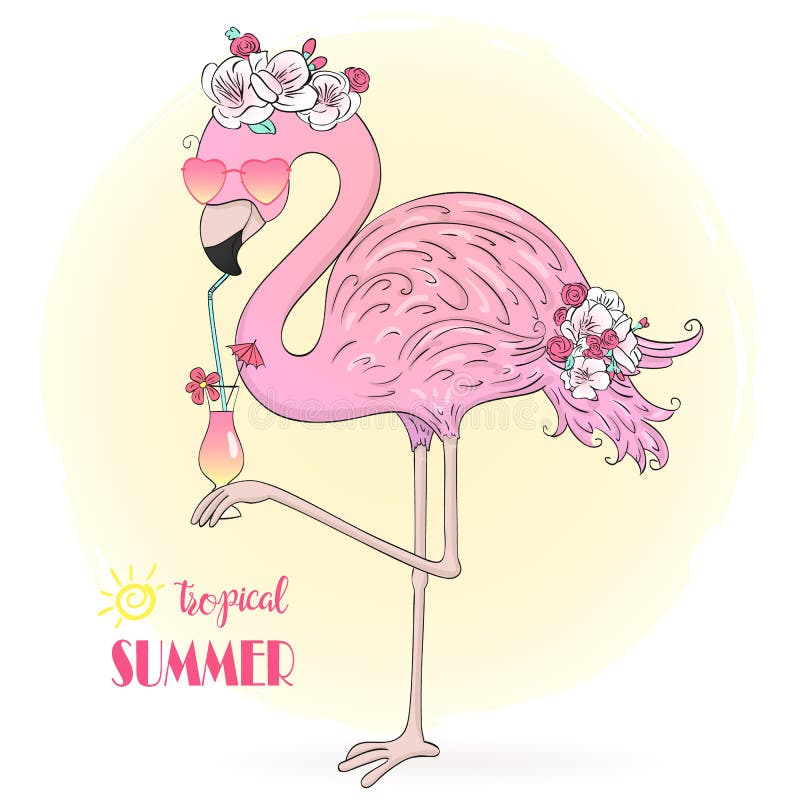 Entregue o flamingo cor-de-rosa pequeno bonito tirado com cocktail ilustração do vetor