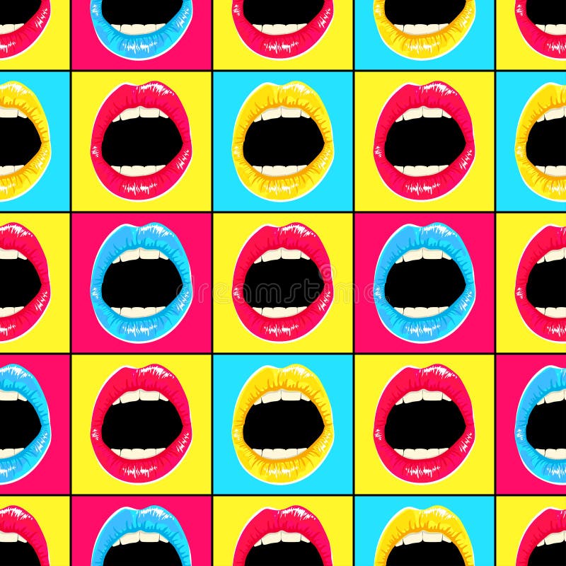 Entregue o teste padrão tirado no pop art do estilo com bordos e os dentes coloridos ilustração do vetor Entregue o teste padrão tirado no pop art do estilo com bordos e os dentes coloridos ilustração do vetor