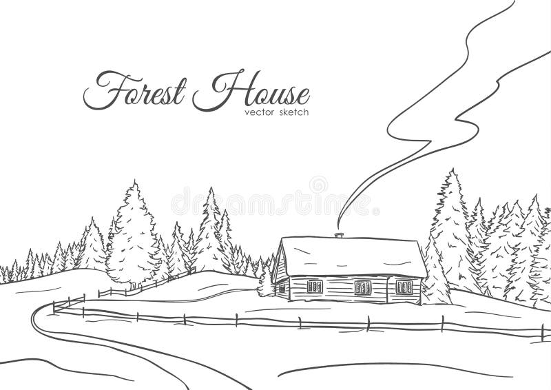 Entregue a paisagem tirada com estrada para abrigar e linha projeto do esboço da floresta do pinho ilustração stock Entregue a paisagem tirada com estrada para abrigar e linha projeto do esboço da floresta do pinho ilustração stock