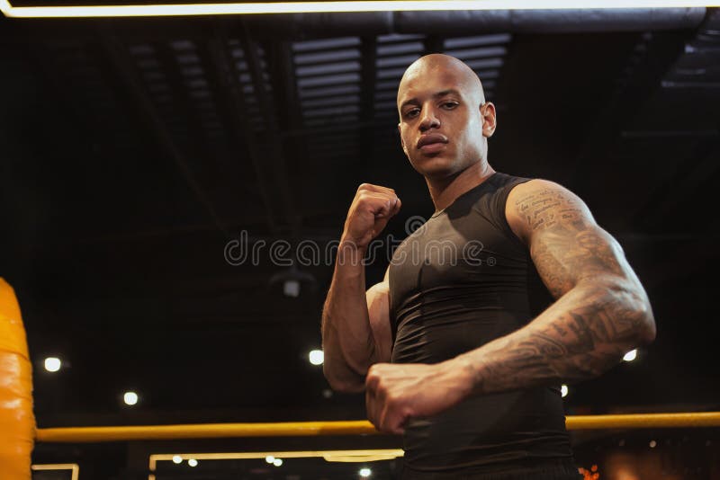 Entrenamiento de encajonamiento masculino africano hermoso del combatiente en el gimnasio imagen de archivo libre de regalías Entrenamiento de encajonamiento masculino africano hermoso del combatiente en el gimnasio imagen de archivo libre de regalías