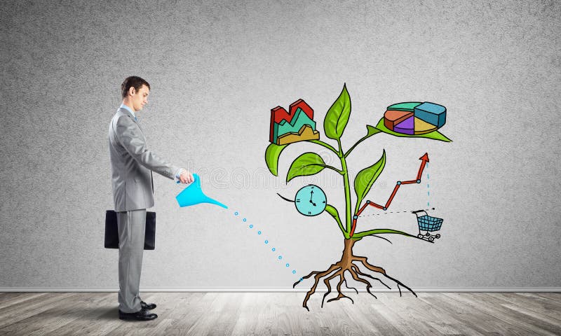 Entrepreneur watering drawing tree with symbols royalty free stock image Entrepreneur watering drawing tree with symbols royalty free stock image
