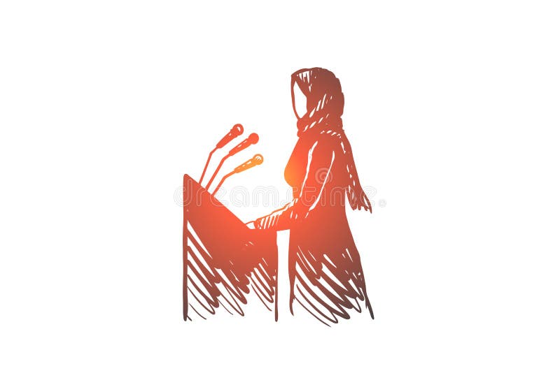 Entrevista, política, hijab, mulher, orador, conceito árabe Vetor isolado tirado mão ilustração do vetor Entrevista, política, hijab, mulher, orador, conceito árabe Vetor isolado tirado mão ilustração do vetor