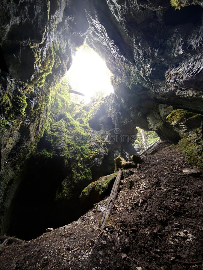 Wide angle photography taken at the entrance of a big cave in Romania. The image shows the transition from intense light outside, to the total darkness, deep inside the cave. Wide angle photography taken at the entrance of a big cave in Romania. The image shows the transition from intense light outside, to the total darkness, deep inside the cave.