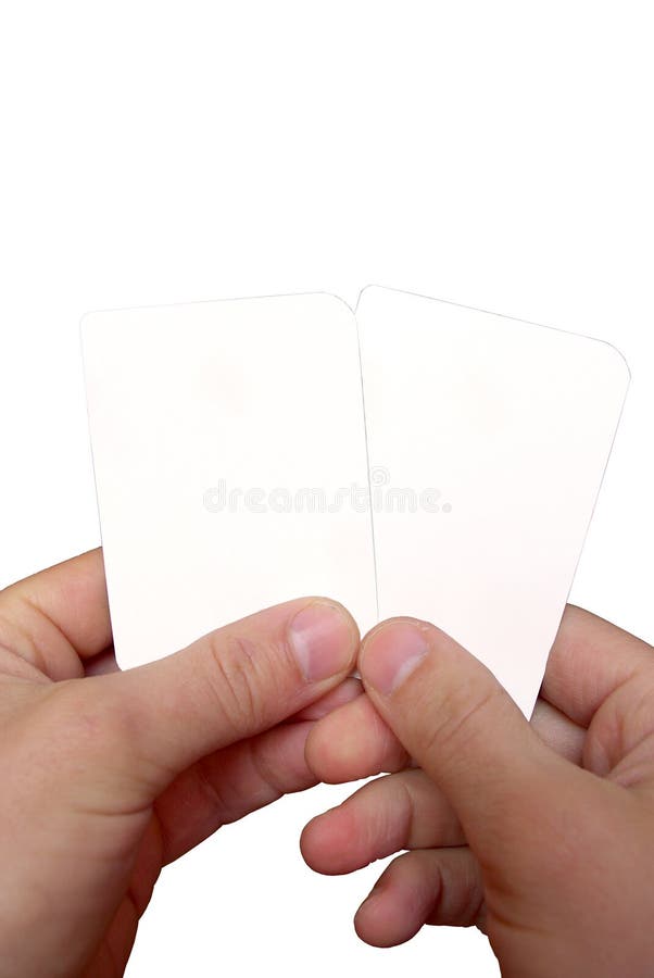 Two blank cards in hands on a white background. Two blank cards in hands on a white background.