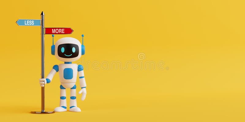 Entscheidungskonzept. fröhlicher AI Robot Holding Direction Signpost mit Pfeilen gekennzeichnet mehr und weniger 3D Rendering. Fröhlicher AI Robot Holding Direction Signpost mit immer weniger markierten Pfeilen auf gelbem Hintergrund 3d Rendering.
