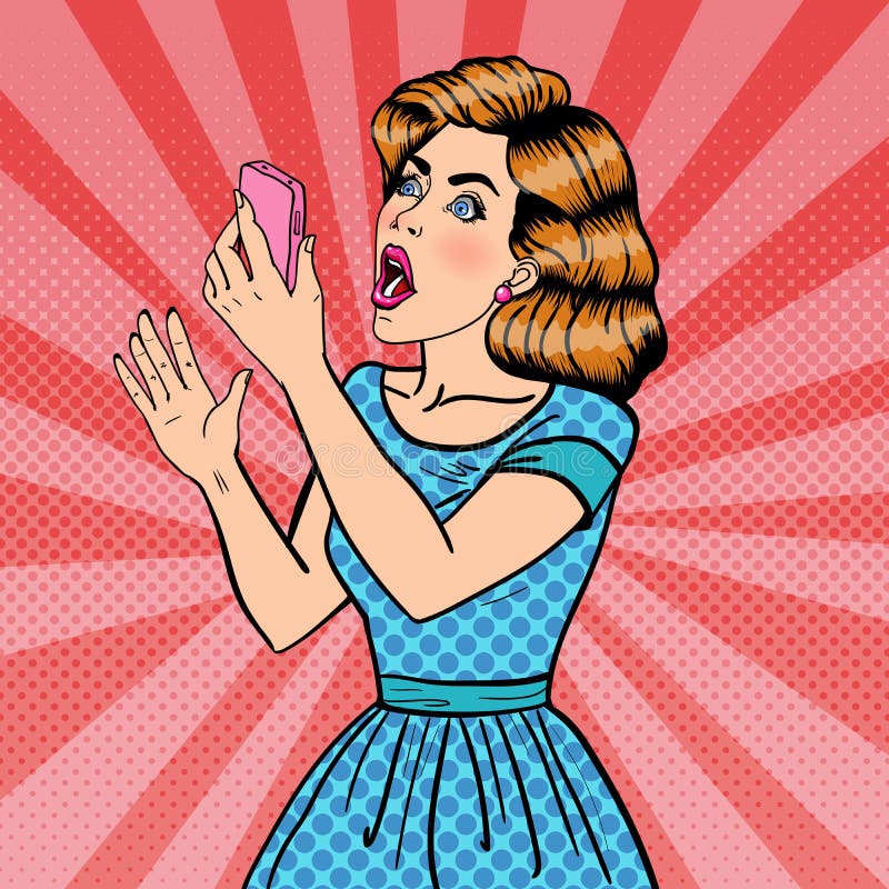 Entsetzte junge blonde Frau, die Handy hält Pop-Art stock abbildung Entsetzte junge blonde Frau, die Handy hält Pop-Art stock abbildung