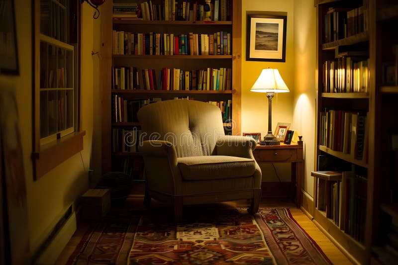 Entspannen Sie am Abend in einem gemütlichen Lesesessel mit Leseregalen mit warmer Lampenlicht und einer ruhigen Atmosphäre stock abbildung