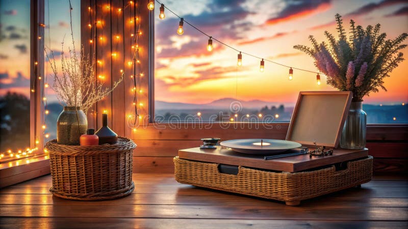 Entspannen Sie am Abend mit einem Vinyl-Player und dekorativen Elementen in einem gemütlichen Holzraum. lizenzfreie abbildung