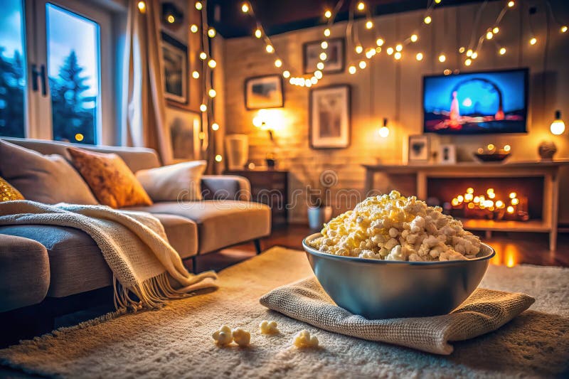 Entspannen Sie in einem gemütlichen Movie Night Soft Blanket. Freuen Sie sich auf köstlichen Popcorn und ein angenehmes Licht für vektor abbildung