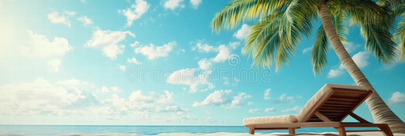 Entspannen Sie am Strand mit einem Liegestuhl unter Palmen an einem sonnigen Tag am Meer. Generative AI stockfotografie