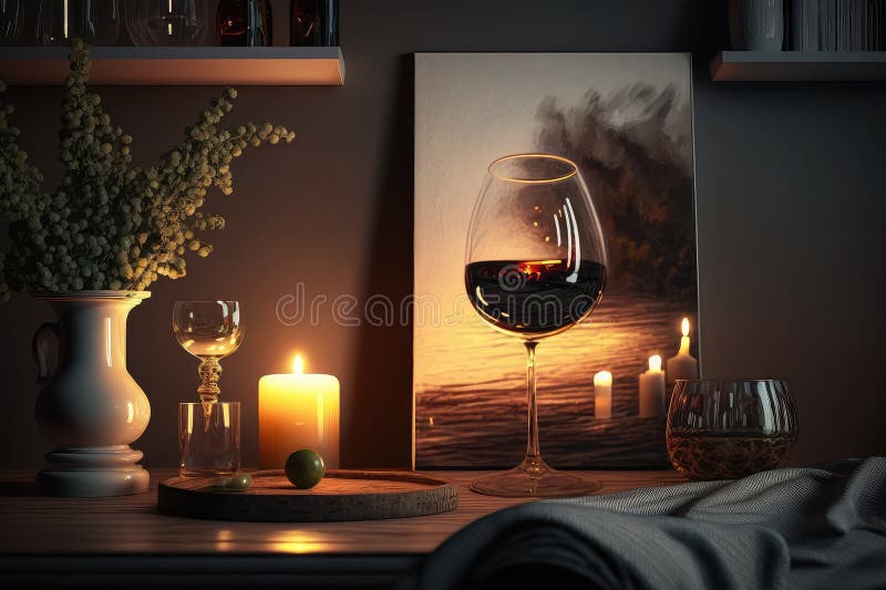 Entspannen Sie zu Hause mit einem Glas Wein und einer gemütlichen Atmosphäre vektor abbildung