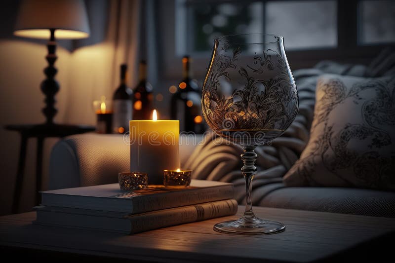 Entspannen Sie zu Hause mit einem Glas Wein und einer gemütlichen Atmosphäre lizenzfreie abbildung