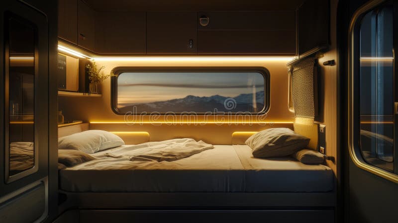 Entspannende Abende in einer Schläferbahn private Hütte malerische Berge gemütliche Atmosphäre einladend Design stock abbildung