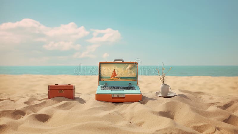 Relaxing beach scene with laptop on the sand. Retro styled vacation or remote work concept AI generated. Relaxing beach scene with laptop on the sand. Retro styled vacation or remote work concept AI generated