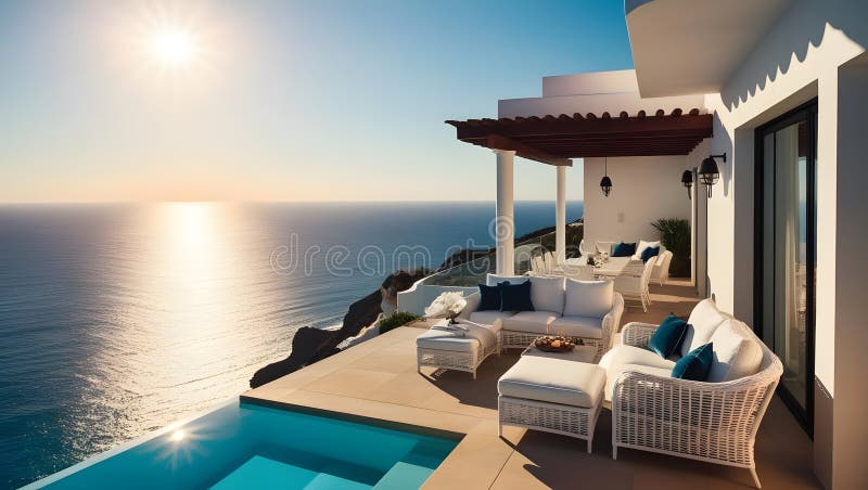 Entspannender Abend in einer luxuriösen Villa mit Blick auf die Küste Lifestyle Ruhe Panoramablick Ruhe stock abbildung