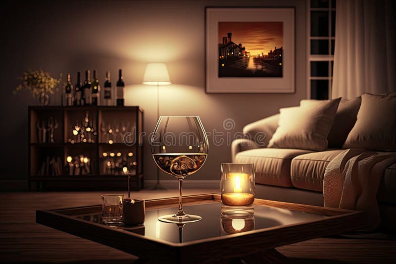 Entspannender Abend im Wohnzimmer mit sanfter Beleuchtung und Glas Wein vektor abbildung