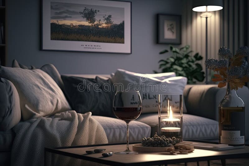Entspannender Abend im Wohnzimmer mit sanfter Beleuchtung und Glas Wein stock abbildung