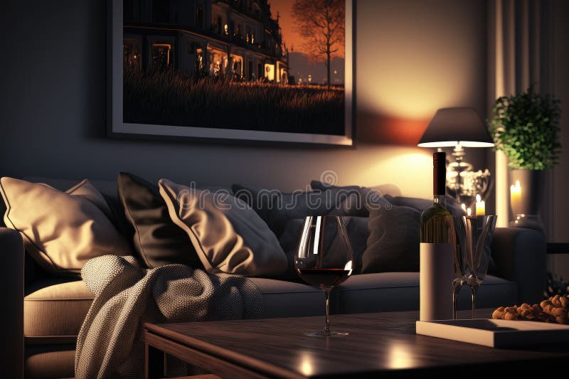 Entspannender Abend im Wohnzimmer mit sanfter Beleuchtung und Glas Wein lizenzfreie abbildung