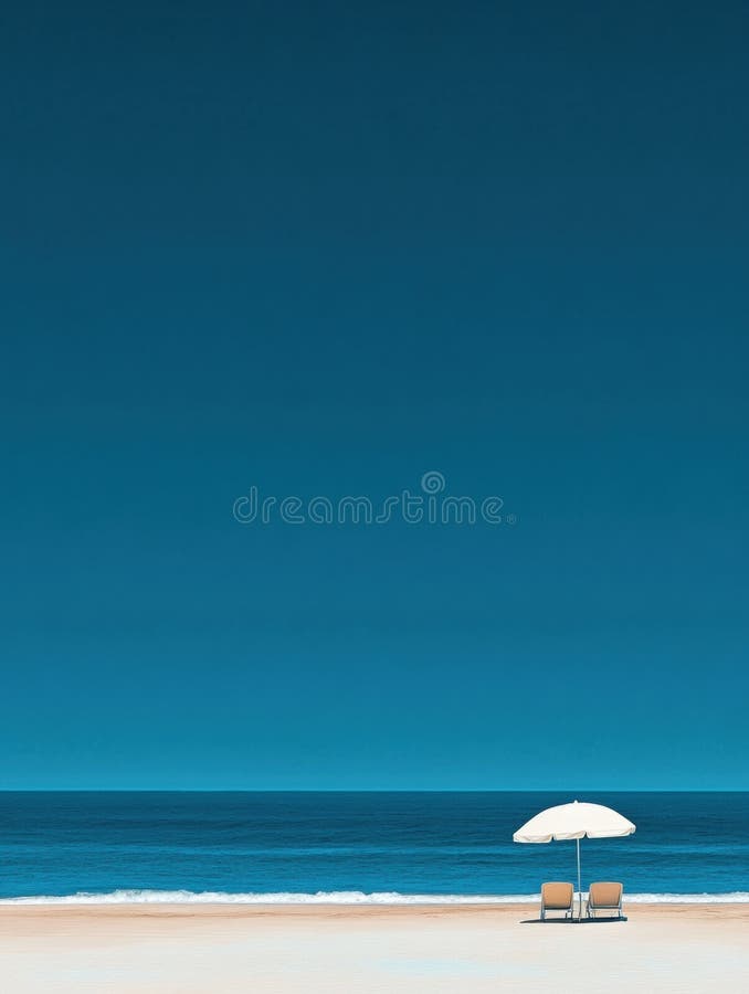 Entspannte Strandatmosphäre mit Liegestühlen und Sonnenschirm unter blauem Himmel, in der Nähe ruhiger Meereswellen. Generative AI stockfoto