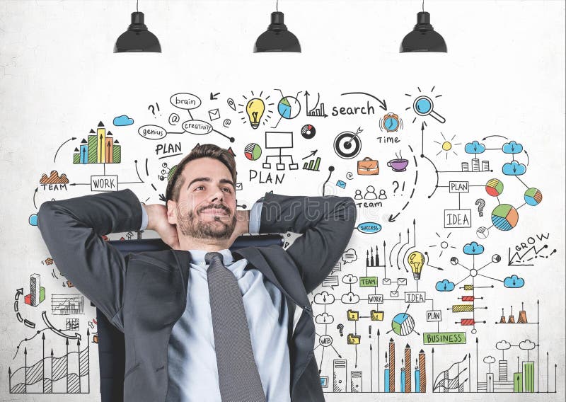 Entspannter Mann im Lehnsessel, Unternehmensplan stockfotografie Entspannter Mann im Lehnsessel, Unternehmensplan stockfotografie