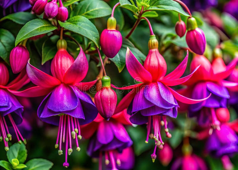 Entuzjastyczna antenowa perspektywa kwitnących fioletowych fuchsias : szczegółowy widok skomplikowanych płatków i wibracji ilustracja wektor