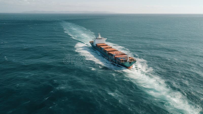 Entuzjastyczna i majestatyczna perspektywa lotnicza okrętu transportowego, który delikatnie przepływa przez rozległe i nieustające royalty ilustracja