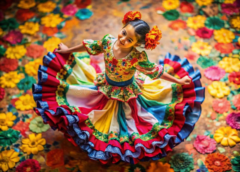 Entuzjastyczne ujęcie z powietrza młodej tancerki flamenco, kolorowe świętowanie tańca i radości idealne dla kreatywności ilustracji