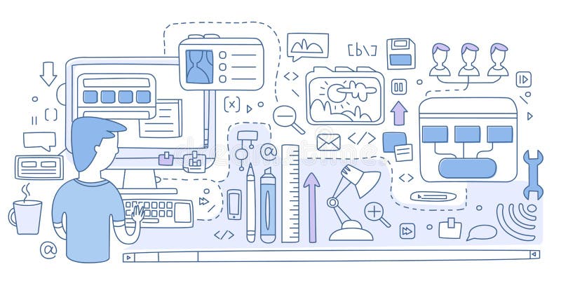 Entwerfen Sie Webdesigngraphiken, Stiftwerkzeug, um UI zu schaffen, beweglichen UI- und UX-Rahmen und Skizzen für den Kunden schaffen Gekritzelartkonzept Moderne Linie Artillustration für Netzfahnen, Heldbilder, Druckerzeugnisse vector Illustration