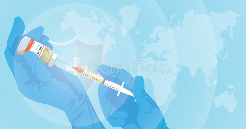 Entwicklung und Schaffung eines Impfstoffs covid19. Entwurf Doktorhände mit den medizinischen Handschuhen, die gelbe Impfflasche h stock abbildung