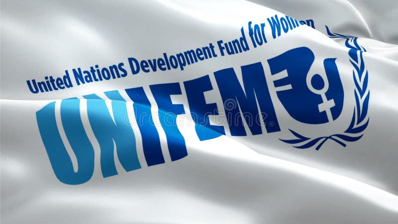 Entwicklungsfonds der Vereinten Nationen für Frauen Flagge 3d Unifem Logo schwingen Video. Logo des Entwicklungsfonds der Vereinte