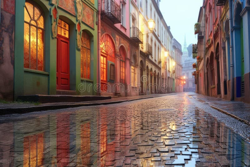 dew-covered cobblestones reflecting colorful storefronts, created with generative ai. dew-covered cobblestones reflecting colorful storefronts, created with generative ai