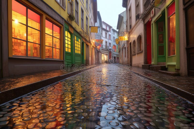 dew-covered cobblestones reflecting colorful storefronts, created with generative ai. dew-covered cobblestones reflecting colorful storefronts, created with generative ai