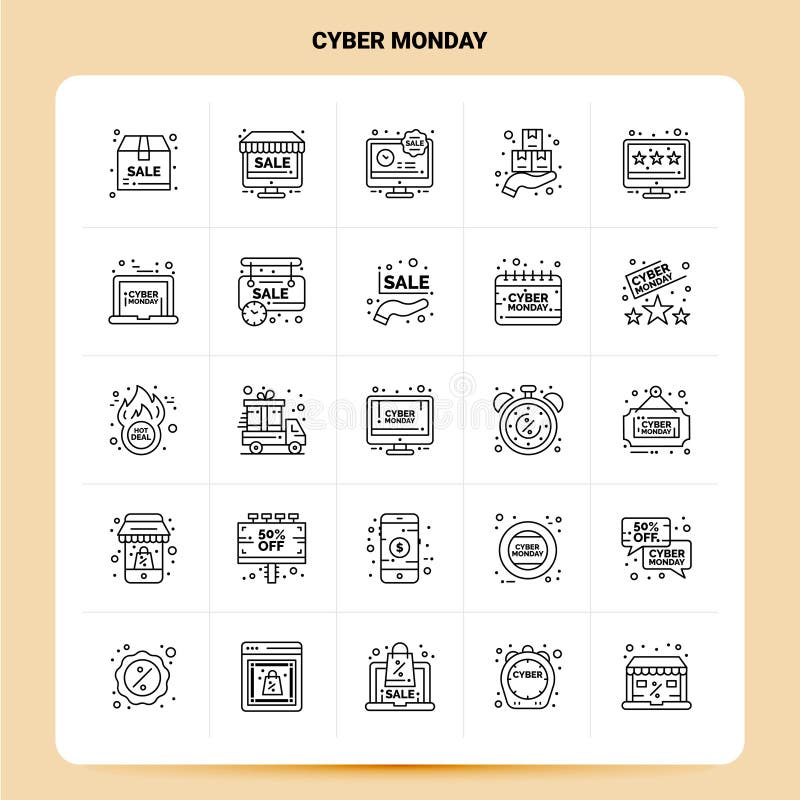Entwurf 25 Cyber-Montag-Ikonensatz Vektor-Linie Art-Entwurfs-Schwarz-Ikonen-Satz Linear Piktogrammsatz Netzwerk- und Mobilfunkges. Entwurf 25 Cyber-Montag-Ikonensatz Vektor-Linie Art-Entwurfs-Schwarz-Ikonen-Satz Linear Piktogrammsatz Netzwerk- und Design Mobilfunkgeschäftideen Vektor-Illustration Kreativer Vektorhintergrund