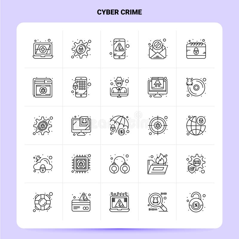Entwurf 25 Cyber-Verbrechen-Ikonensatz Vektor-Linie Art-Entwurfs-Schwarz-Ikonen-Satz Linear Piktogrammsatz Netzwerk- und Mobilfun stock abbildung