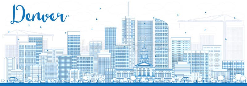 Outline Denver Skyline with Blue Buildings. Vector Illustration. Business Travel and Tourism Concept with Modern Buildings. Image for Presentation Banner Placard and Web Site. Outline Denver Skyline with Blue Buildings. Vector Illustration. Business Travel and Tourism Concept with Modern Buildings. Image for Presentation Banner Placard and Web Site.