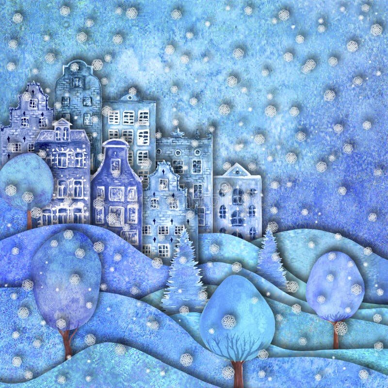 Entwurf des guten Rutsch ins Neue Jahr und der frohen Weihnachten Watercolourhandgezogene Hügel, Häuser, Bäume, Schneeflocken stock abbildung Entwurf des guten Rutsch ins Neue Jahr und der frohen Weihnachten Watercolourhandgezogene Hügel, Häuser, Bäume, Schneeflocken stock abbildung