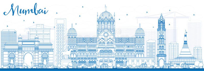 Entwurfs-Mumbai-Skyline mit blauen Marksteinen lizenzfreie abbildung Entwurfs-Mumbai-Skyline mit blauen Marksteinen lizenzfreie abbildung