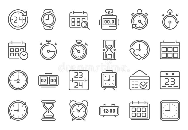 Entwurfszeitikone Timekeeper-, Stoppuhr- und Timer-Ikonen Wecker, Kalender und Linie Sanduhrzeichen-Vektorsatz lizenzfreie abbildung