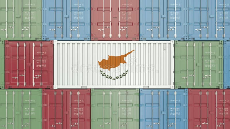 Envase con la bandera de Chipre Las mercancías chipriotas relacionaron la representación conceptual 3D ilustración del vector Envase con la bandera de Chipre Las mercancías chipriotas relacionaron la representación conceptual 3D ilustración del vector