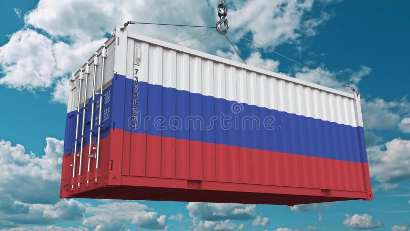 Envase con la bandera de Rusia La importación o la exportación rusa relacionó la animación conceptual 3D