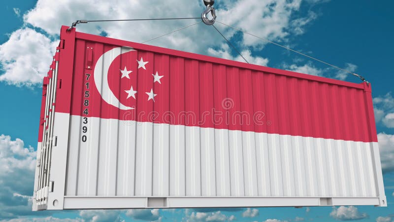 Envase con la bandera de Singapur La importación o la exportación singapurense relacionó la animación conceptual 3D