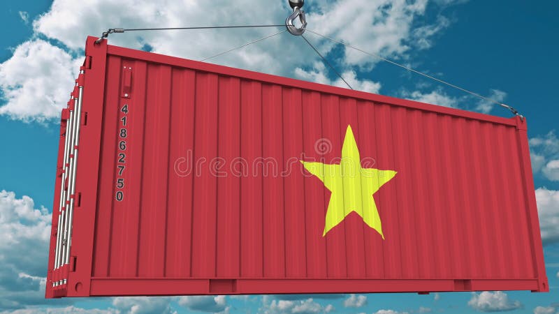 Envase con la bandera de Vietnam La importación o la exportación vietnamita relacionó la animación conceptual 3D