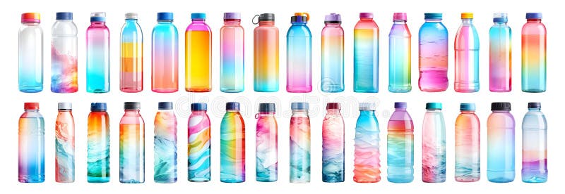 Envase con una botella de agua colorida sobre fondo transparente ilustración del vector