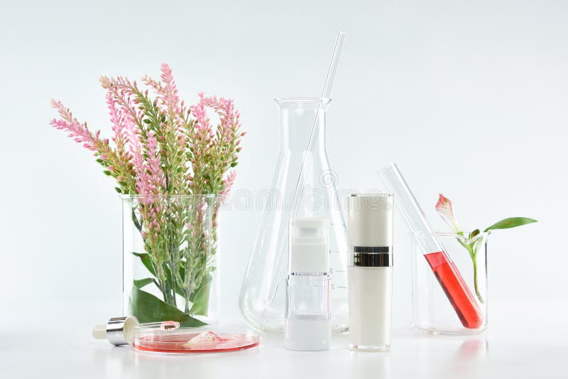 Envases cosméticos de la botella con las hojas herbarias rosadas y la cristalería científica, paquete en blanco de la etiqueta pa imágenes de archivo libres de regalías Envases cosméticos de la botella con las hojas herbarias rosadas y la cristalería científica, paquete en blanco de la etiqueta pa imágenes de archivo libres de regalías