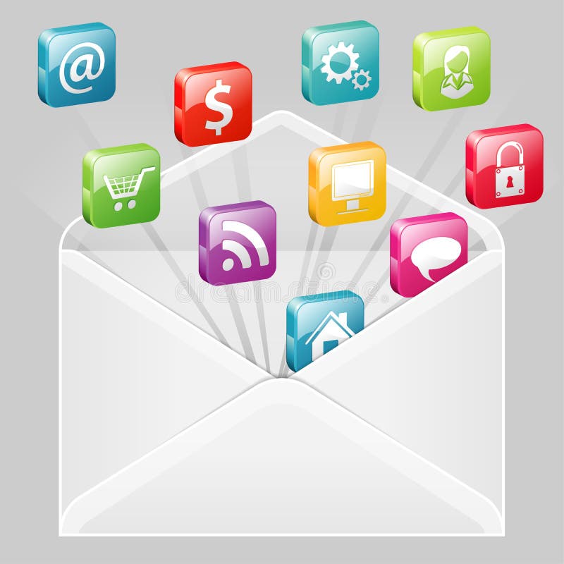 Envelope com jogo dos ícones ilustração stock Envelope com jogo dos ícones ilustração stock