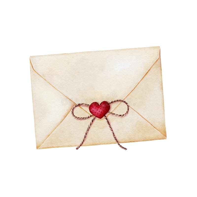Envelope decorated with string twine rope bow and red heart. Love letter for Valentines day