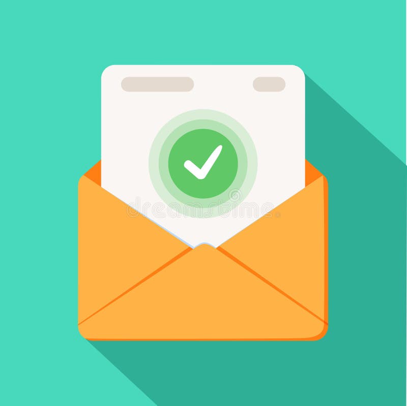 Envelope with document and round green check mark icon. Successful e-mail delivery, email delivery confirmation vector illustration