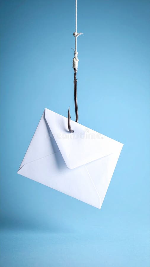 Envelope on a Fishing Hook Concept for Phishing, Scam, or Cyber Security stock photography
